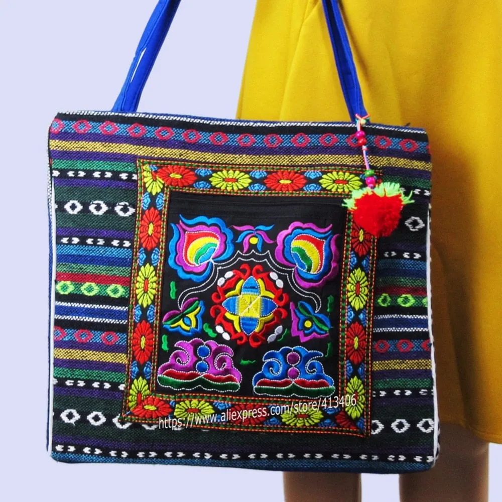2-inside layer Vintage Hmong linen Bohemian hobo tote bag embroidery handbags large shopping shoulder bags travel bags 540