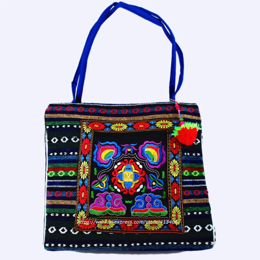 2-inside layer Vintage Hmong linen Bohemian hobo tote bag embroidery handbags large shopping shoulder bags travel bags 540