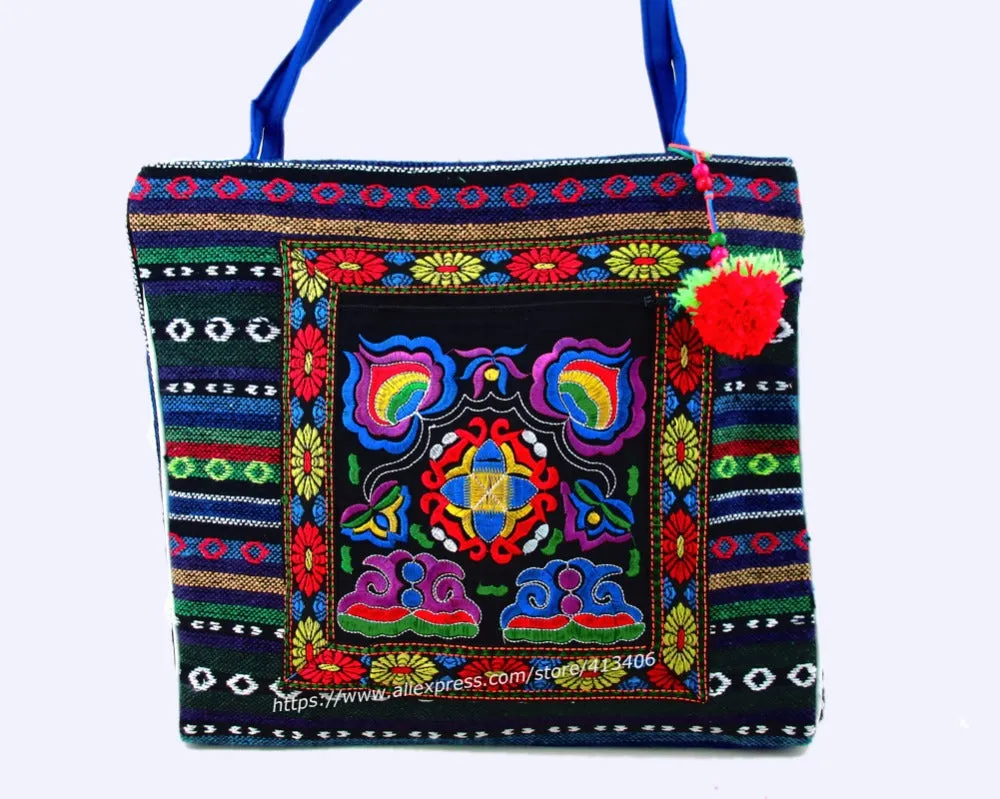 2-inside layer Vintage Hmong linen Bohemian hobo tote bag embroidery handbags large shopping shoulder bags travel bags 540