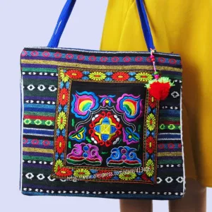 2-inside layer Vintage Hmong linen Bohemian hobo tote bag embroidery handbags large shopping shoulder bags travel bags 540