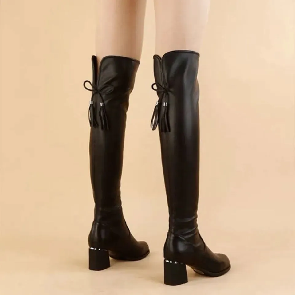 2025 Women’s Leather Elastic Boots | Plush Long Over-the-Knee Boots with Thick Heels, Slip-On Knight Botas for Autumn/Winter