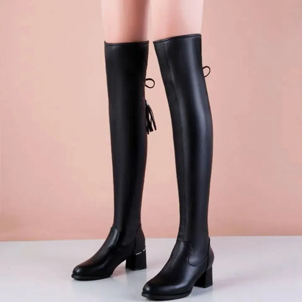 2025 Women’s Leather Elastic Boots | Plush Long Over-the-Knee Boots with Thick Heels, Slip-On Knight Botas for Autumn/Winter