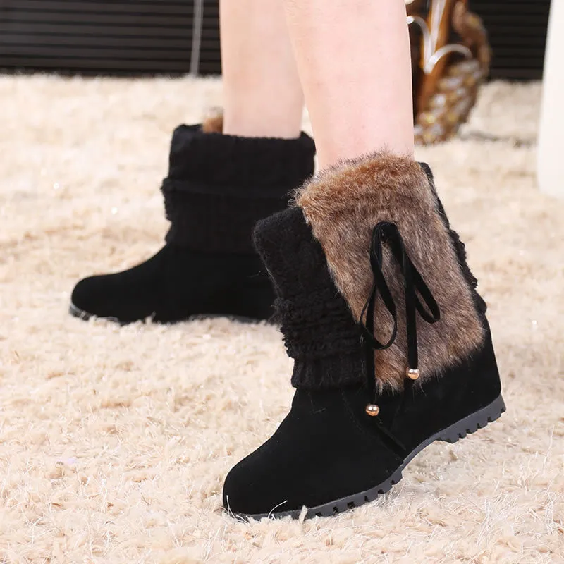 Beads Faux Fur Inside Wedge Heel Short Snow Boots