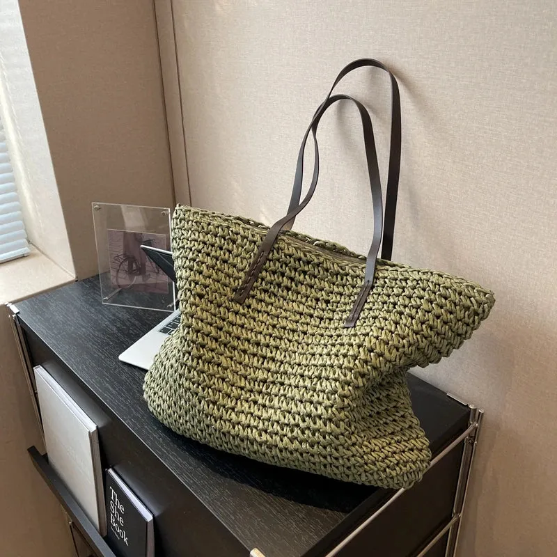 binfenxie Luxury Design Straw Woven Tote Bags For Women Large Capacity Shoulder Beach Bag Pure Color Summer New Big Shopping Handbag