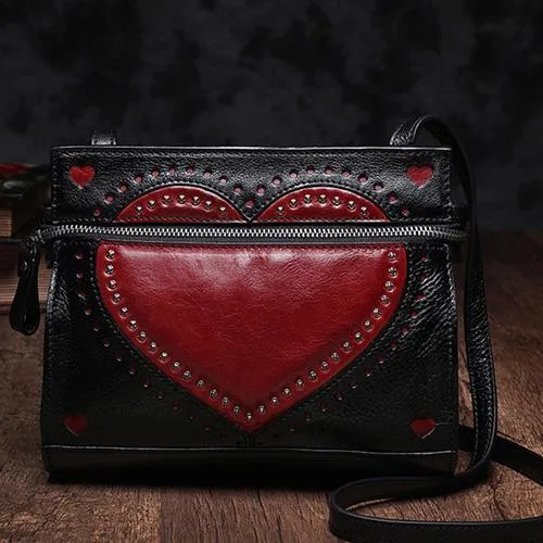 Black Vintage Womens Genuine Leather Heart Shoulder Bag Side Bag Purse for Ladies