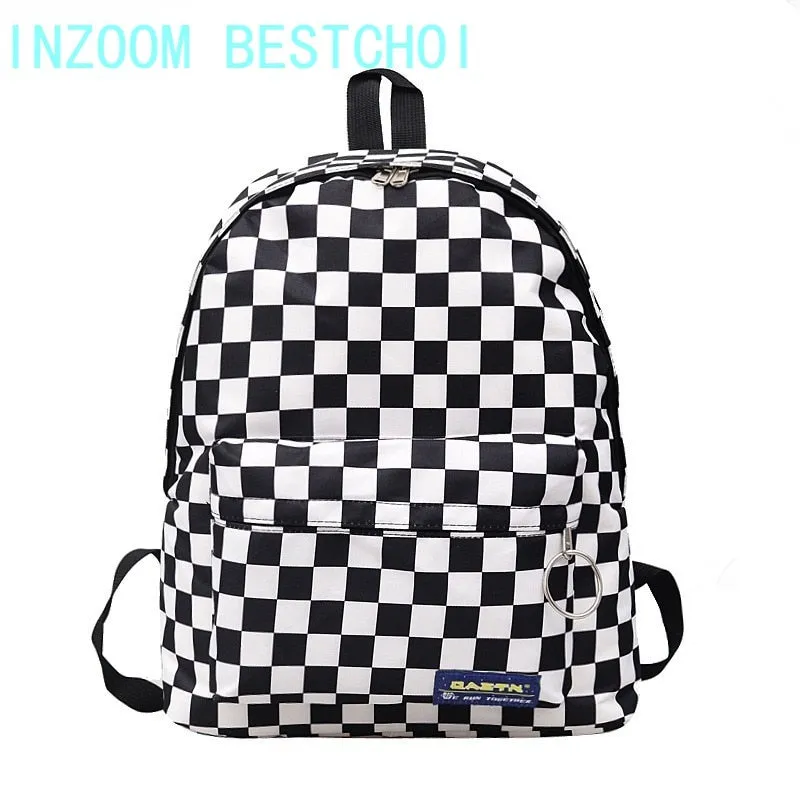 Christmas Gift 2021 Hot Sale Black and White Plaid Backpack Casual Nylon Outdoor Travel Backpack College Style Student School Bag