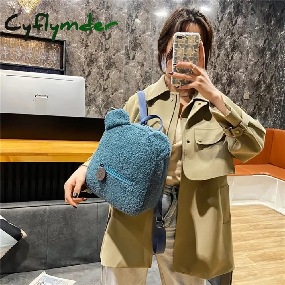 Cyflymder Portable Children Travel Shopping Rucksacks Casual Autumn Winter Lamb Fleece Women's Bagpack Cute Bear Shaped Shoulder Backpack