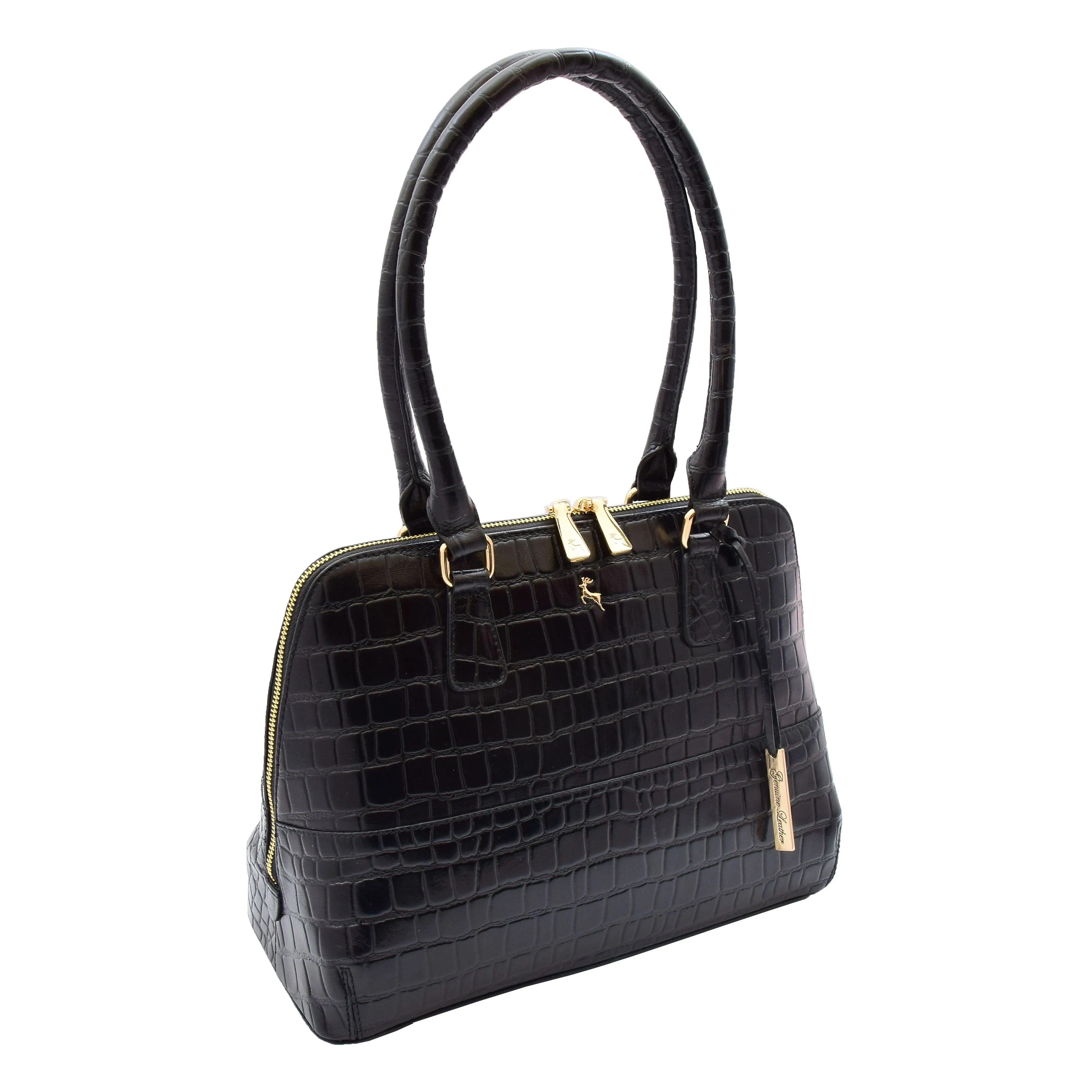 DR298 Women's Leather Handbag Doctor Shape Croc Print Hobo Bag Black