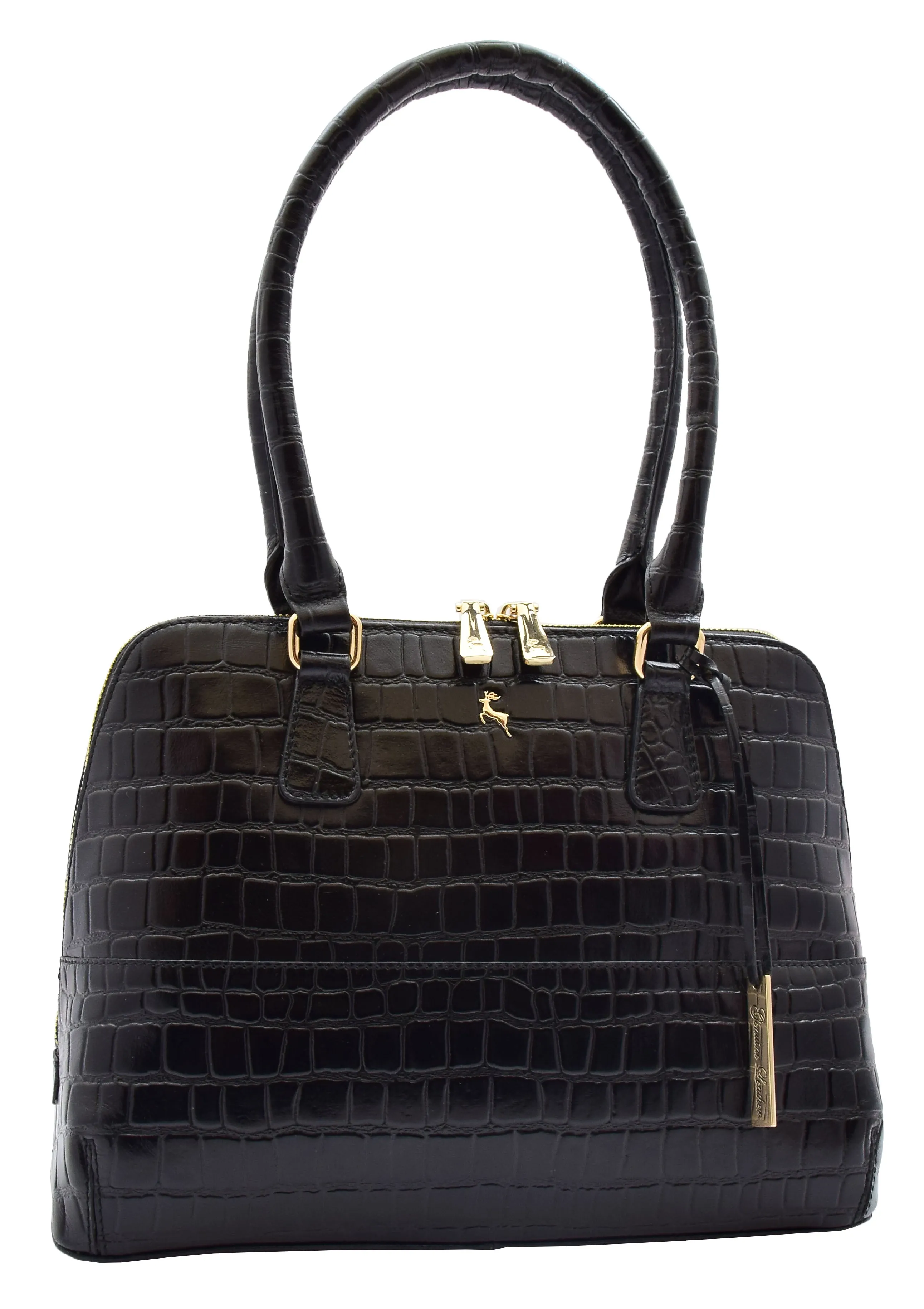 DR298 Women's Leather Handbag Doctor Shape Croc Print Hobo Bag Black