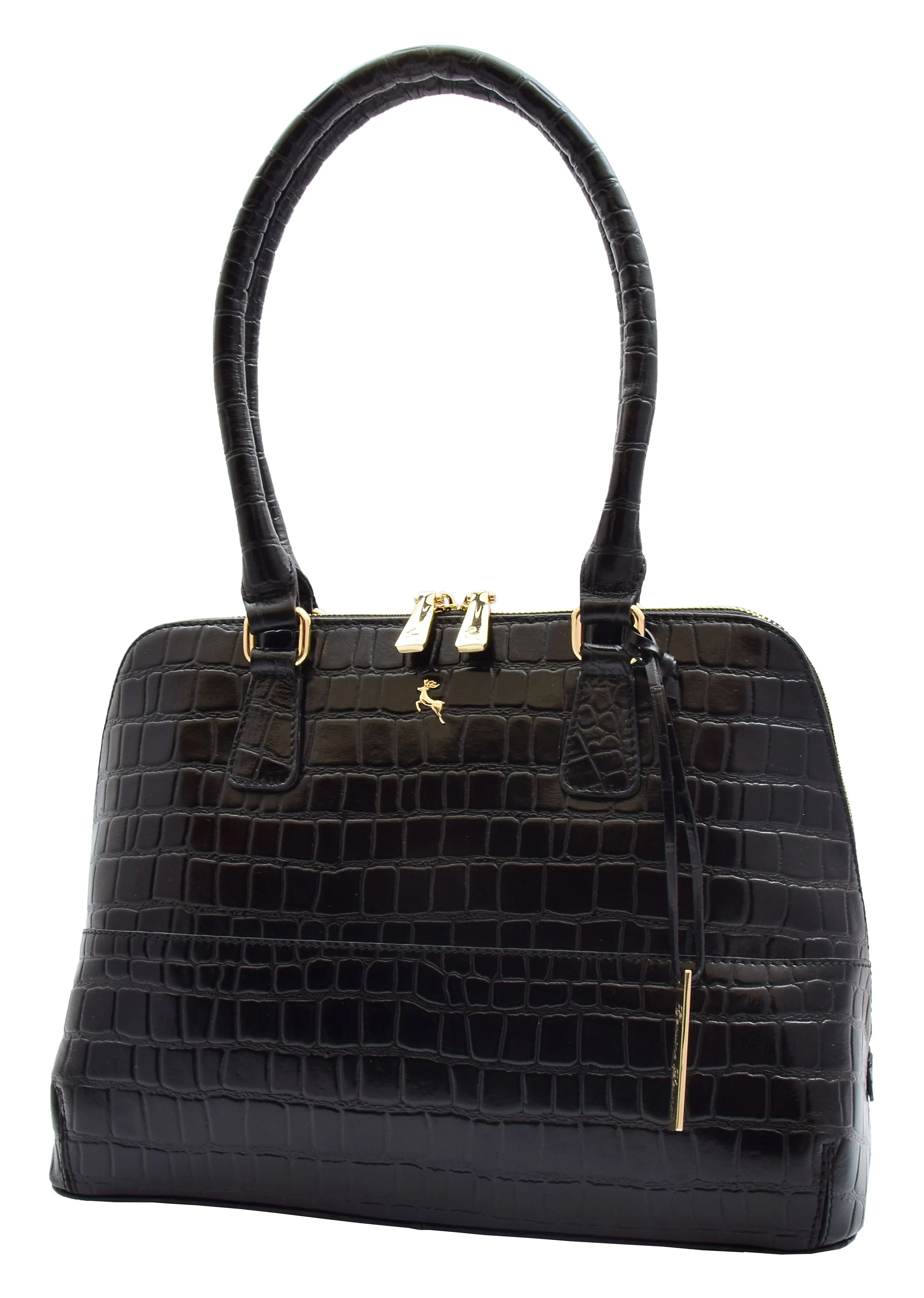 DR298 Women's Leather Handbag Doctor Shape Croc Print Hobo Bag Black