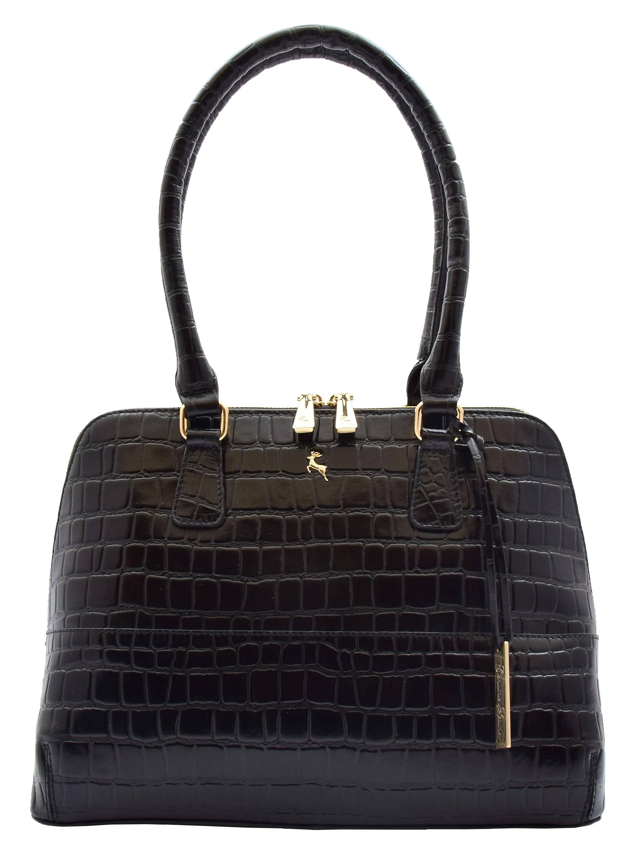 DR298 Women's Leather Handbag Doctor Shape Croc Print Hobo Bag Black