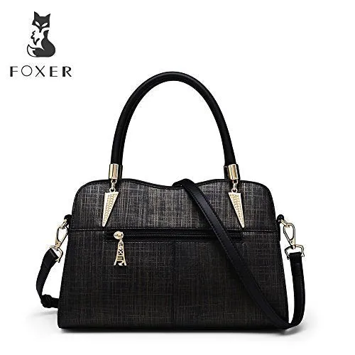 Foxer Leather Handbag, Genuine Leather with Adjustable Shoulder, Black