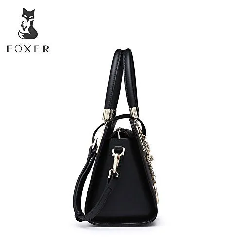 Foxer Leather Handbag, Genuine Leather with Adjustable Shoulder, Black