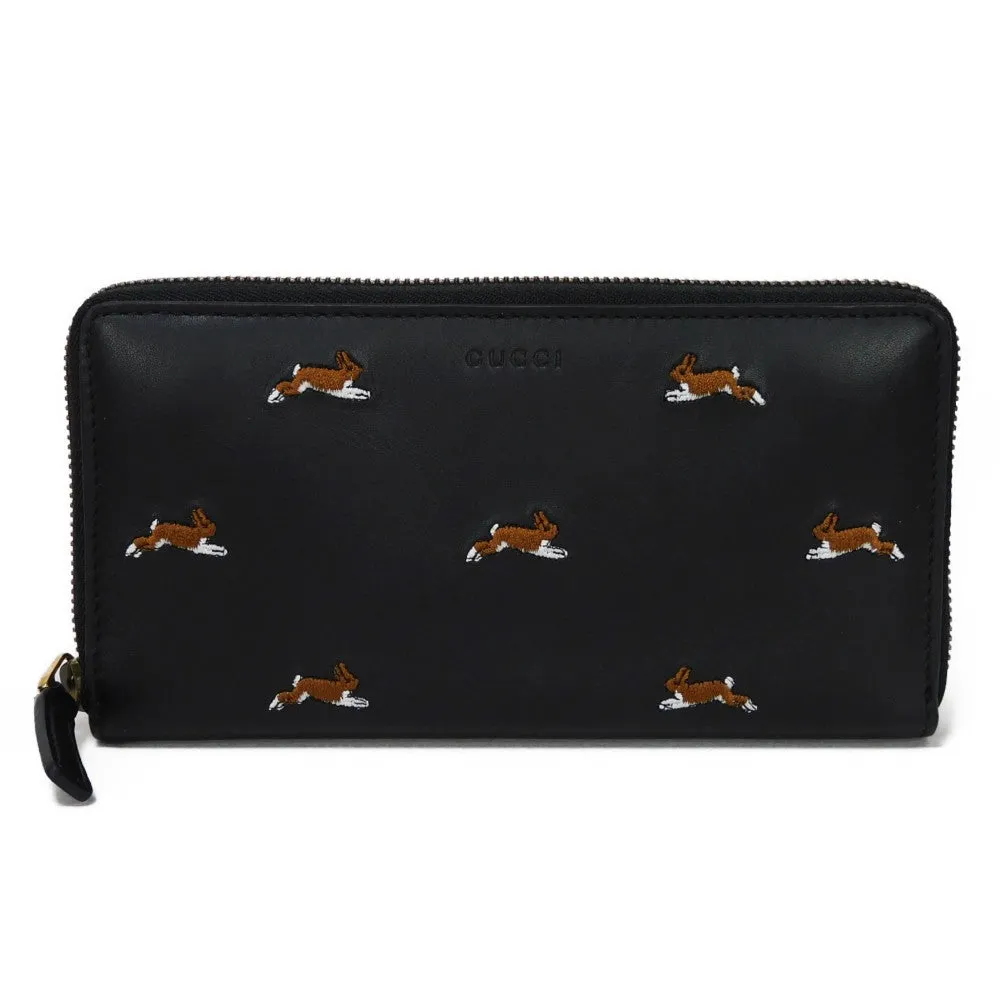 GUCCI Long Wallet Purse 428785 Smooth Calfskin Leather black Logo embossing Rabbit embroidered zip-around wallet Women(Unisex) Used