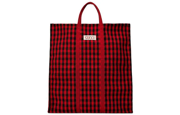 GUCCI Plaid Printing Alphabet Embroidered Canvas Tote Shoulder Bag / Red / Black Handbag 484690-9HPA0-6160