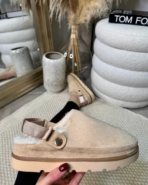 Hettie Suede Slip On Slipper Shoes - Beige