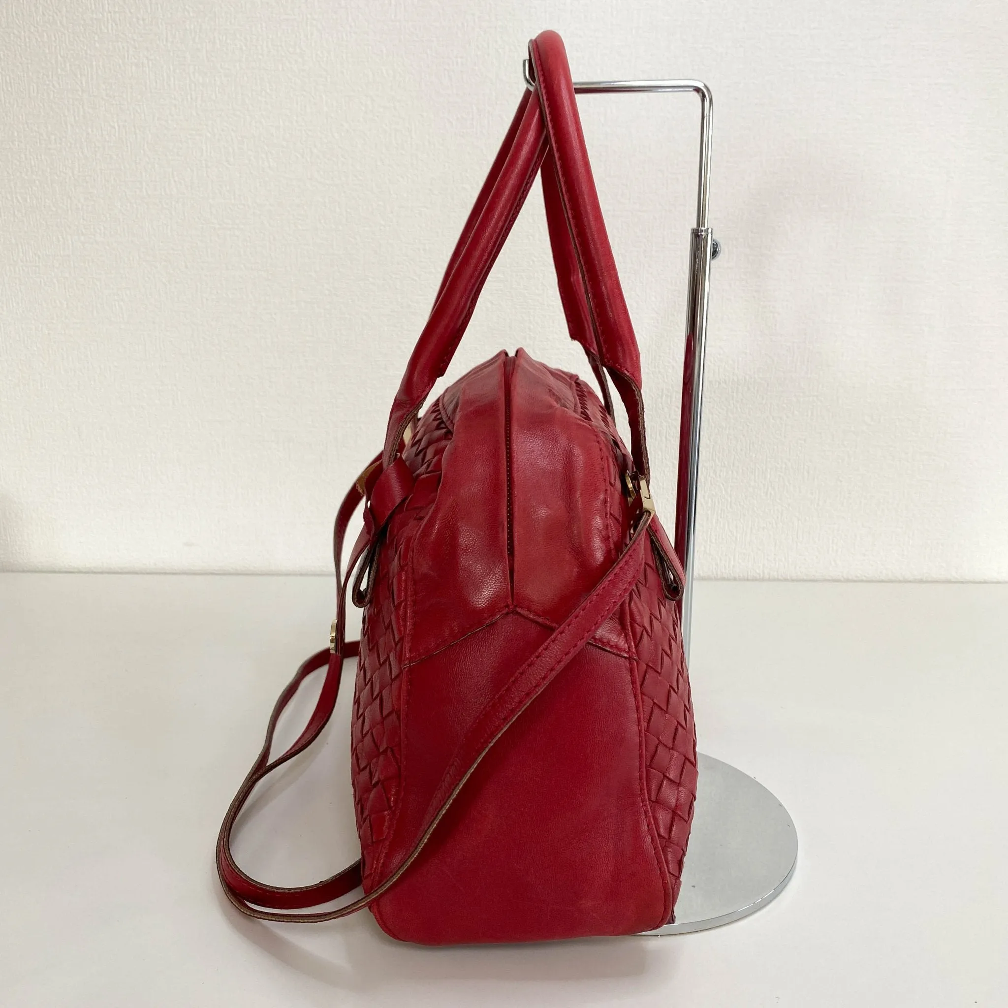 Intrecciato Red Leather Mini Boston Crossbody Bag