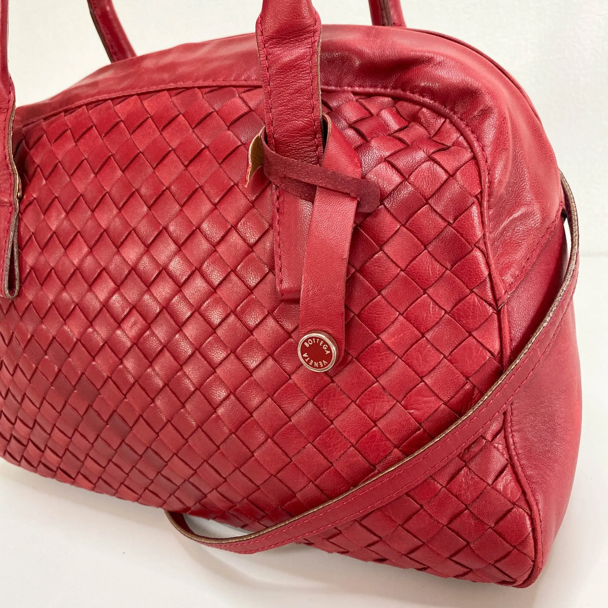 Intrecciato Red Leather Mini Boston Crossbody Bag