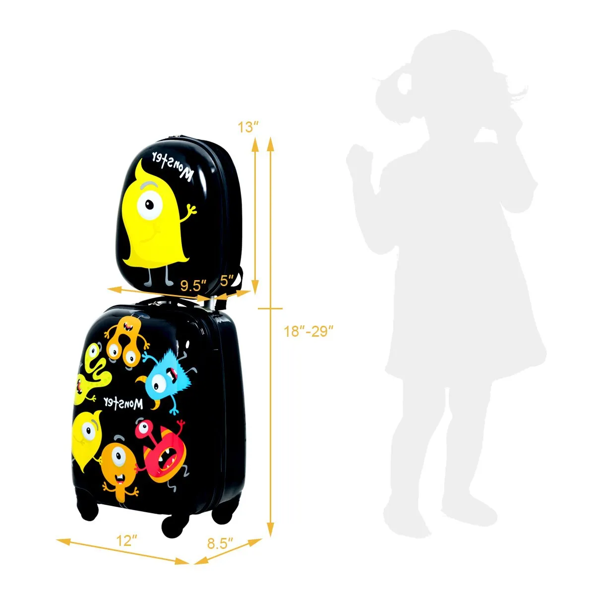 Kids  Monster Print Rolling Trolley Suitcase