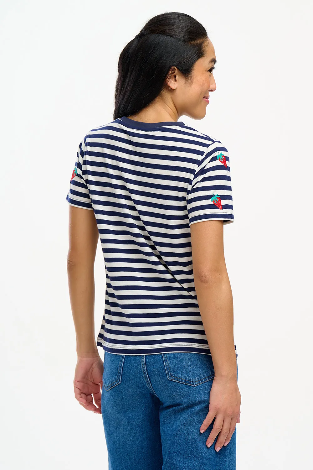 Maggie T-Shirt - Off-White/Navy, Strawberry Embroidery