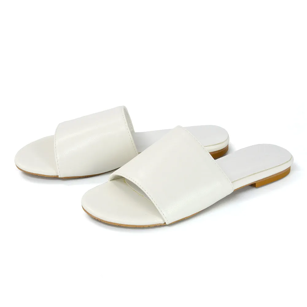 Peony Flat Strappy Slip on Slider Summer Sandals in Nude Synthetic Leather