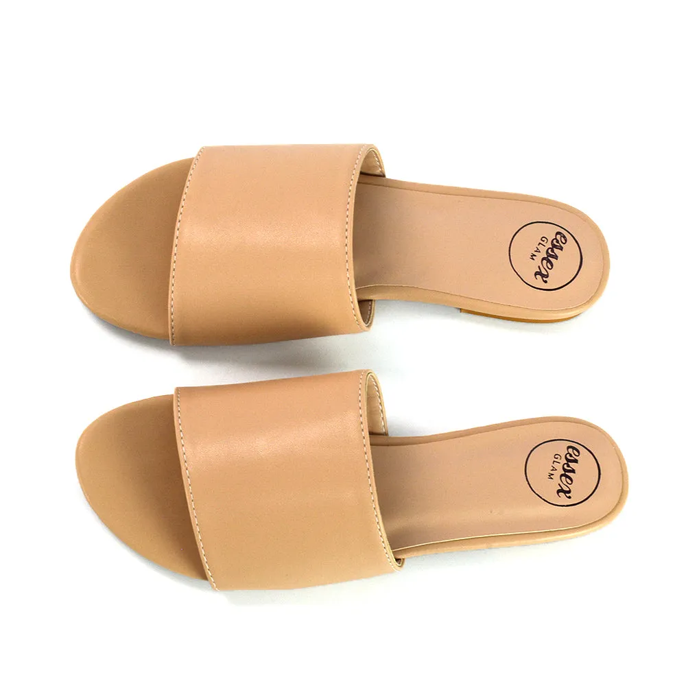 Peony Flat Strappy Slip on Slider Summer Sandals in Nude Synthetic Leather