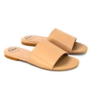 Peony Flat Strappy Slip on Slider Summer Sandals in Nude Synthetic Leather