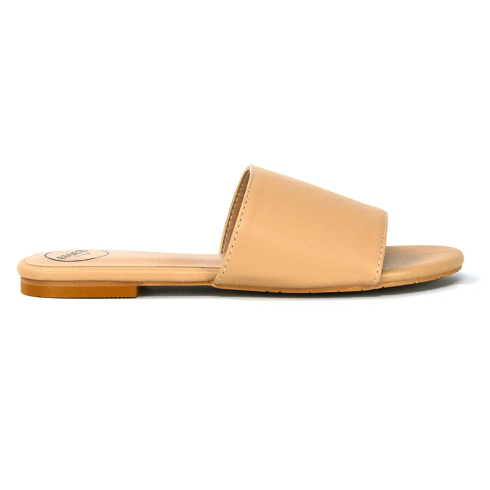 Peony Flat Strappy Slip on Slider Summer Sandals in Nude Synthetic Leather