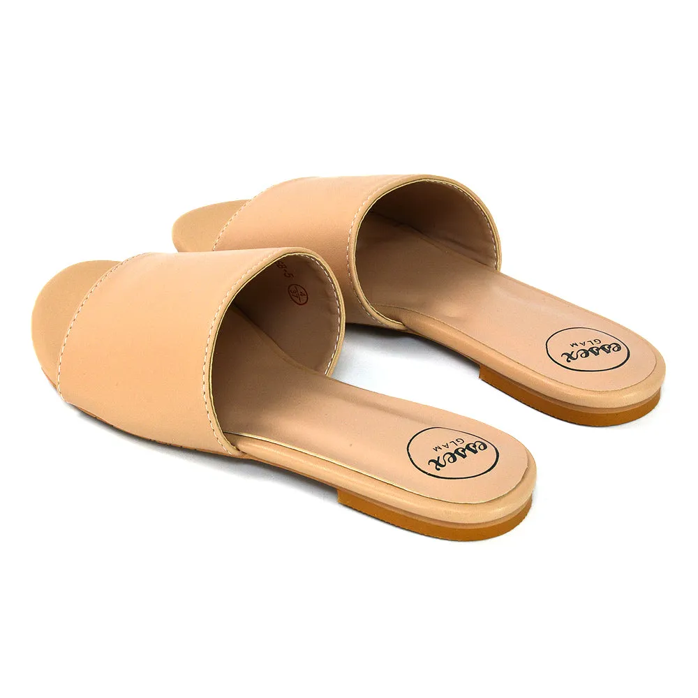 Peony Flat Strappy Slip on Slider Summer Sandals in Nude Synthetic Leather