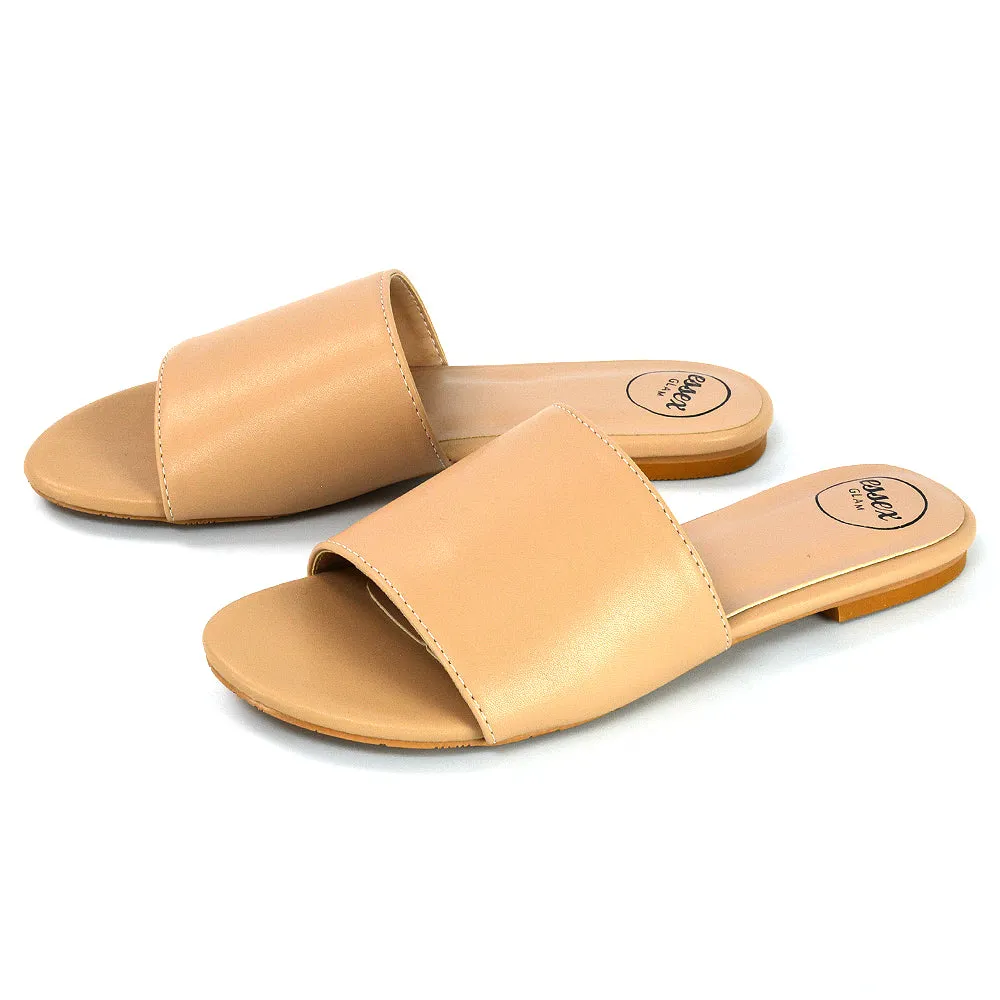 Peony Flat Strappy Slip on Slider Summer Sandals in Nude Synthetic Leather