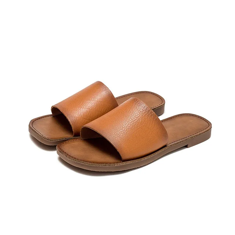 Slip-on Style Leather Slippers for Women Flat in Orange/Green/Beige