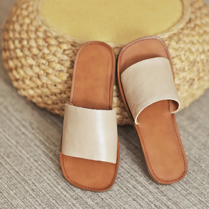 Slip-on Style Leather Slippers for Women Flat in Orange/Green/Beige