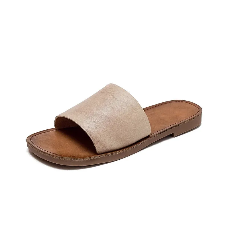 Slip-on Style Leather Slippers for Women Flat in Orange/Green/Beige