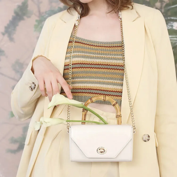 Small Women's Chain Strap Leather Crossbody Satchel With Bamboo Handle Handbags For Women
