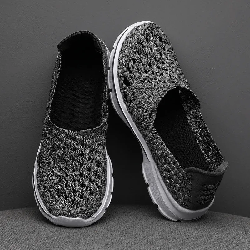Soft Sole Flat Stretch Casual Shoes Mesh Woven Flat Nurse Walking Sneakers Knit Slip on Loafer Shoes