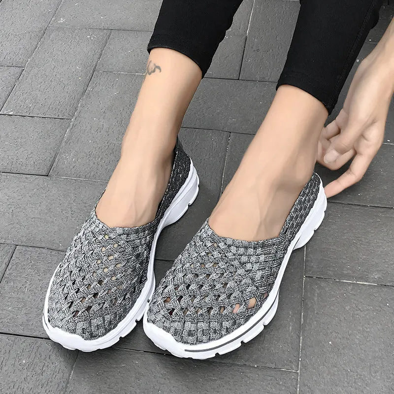 Soft Sole Flat Stretch Casual Shoes Mesh Woven Flat Nurse Walking Sneakers Knit Slip on Loafer Shoes