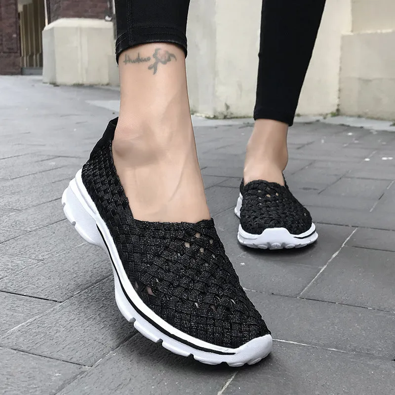 Soft Sole Flat Stretch Casual Shoes Mesh Woven Flat Nurse Walking Sneakers Knit Slip on Loafer Shoes