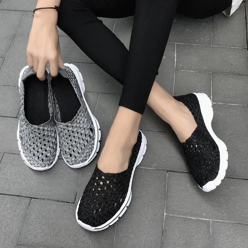 Soft Sole Flat Stretch Casual Shoes Mesh Woven Flat Nurse Walking Sneakers Knit Slip on Loafer Shoes