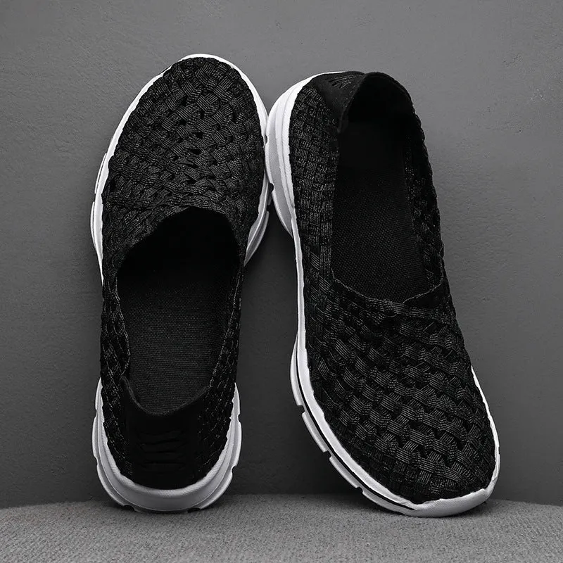 Soft Sole Flat Stretch Casual Shoes Mesh Woven Flat Nurse Walking Sneakers Knit Slip on Loafer Shoes