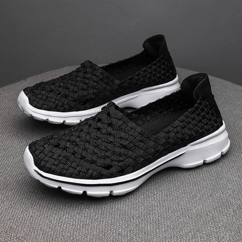 Soft Sole Flat Stretch Casual Shoes Mesh Woven Flat Nurse Walking Sneakers Knit Slip on Loafer Shoes