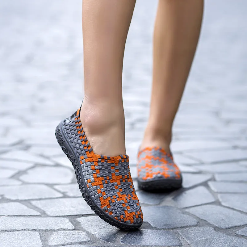 Soft Sole Outdoor Sports Casual Shoes Mesh Woven Flat Nurse Walking Sneakers Knit Slip on Loafer Shoes