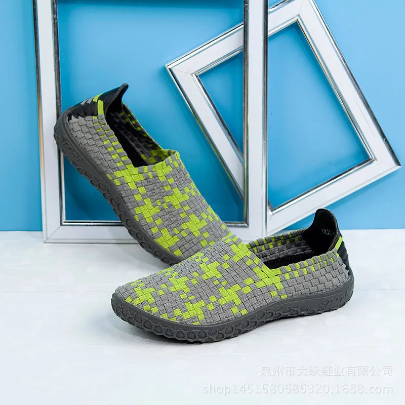 Soft Sole Outdoor Sports Casual Shoes Mesh Woven Flat Nurse Walking Sneakers Knit Slip on Loafer Shoes