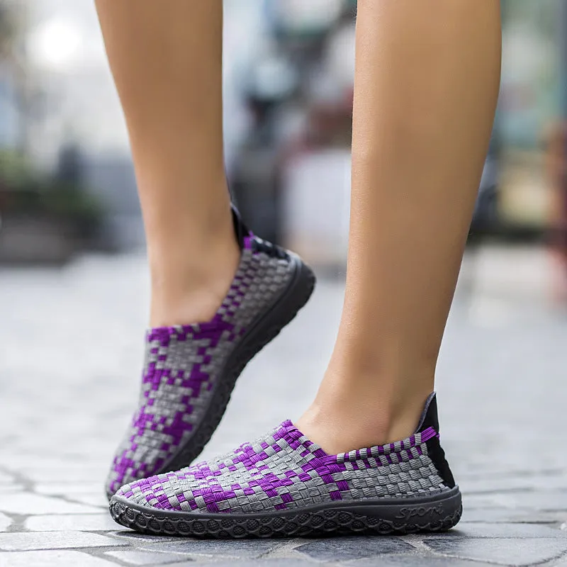 Soft Sole Outdoor Sports Casual Shoes Mesh Woven Flat Nurse Walking Sneakers Knit Slip on Loafer Shoes