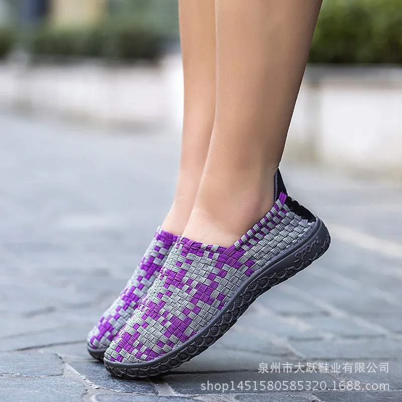 Soft Sole Outdoor Sports Casual Shoes Mesh Woven Flat Nurse Walking Sneakers Knit Slip on Loafer Shoes