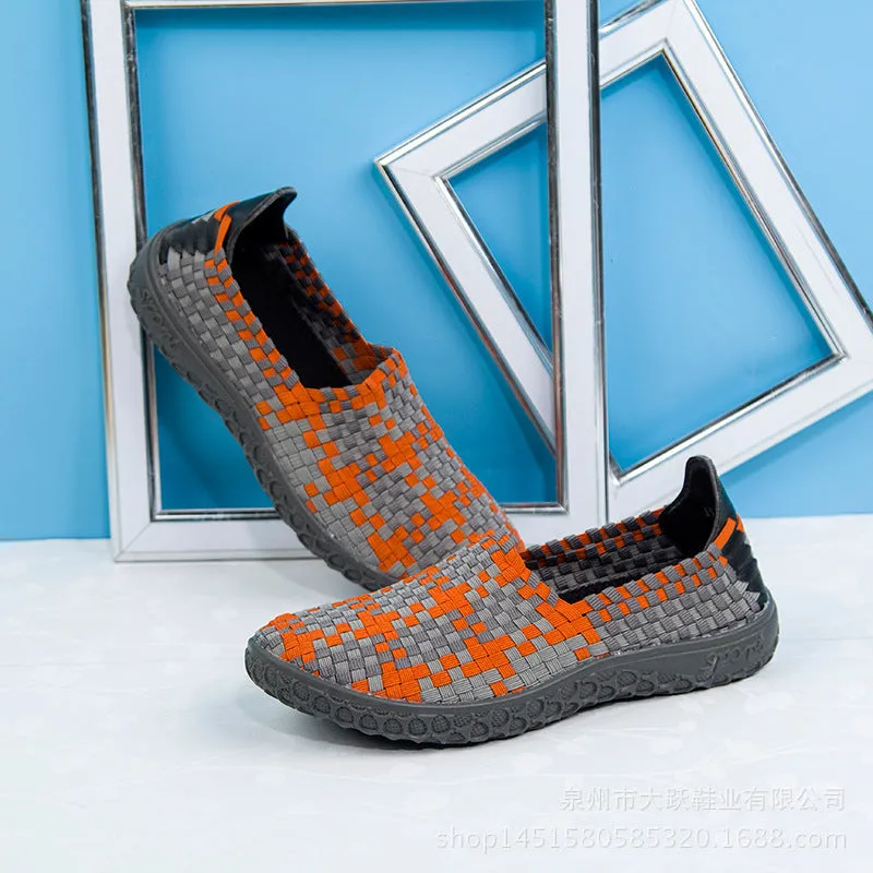 Soft Sole Outdoor Sports Casual Shoes Mesh Woven Flat Nurse Walking Sneakers Knit Slip on Loafer Shoes