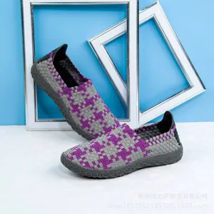 Soft Sole Outdoor Sports Casual Shoes Mesh Woven Flat Nurse Walking Sneakers Knit Slip on Loafer Shoes