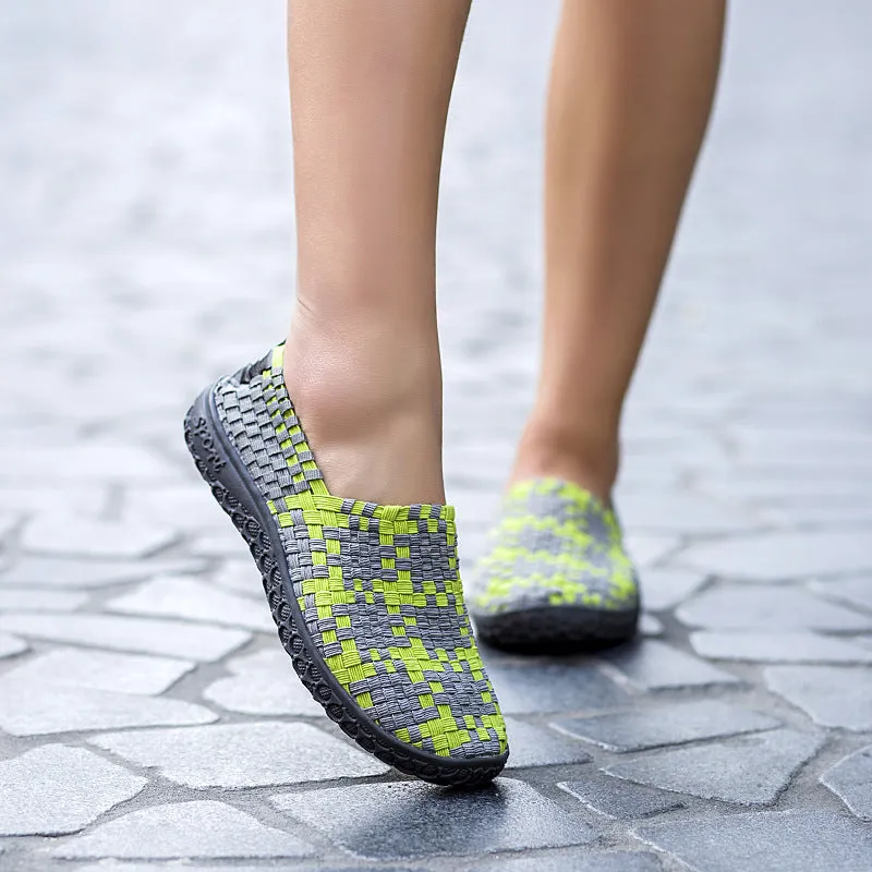 Soft Sole Outdoor Sports Casual Shoes Mesh Woven Flat Nurse Walking Sneakers Knit Slip on Loafer Shoes