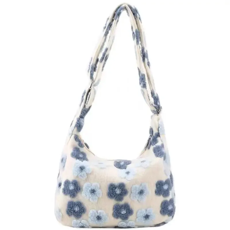 Sohiwoo Autumn Winter Flower Lamb Wool Plush Bag Student Large Capacity Tote Bag Shoulder Bag Women Bag Crossbody Bags for Women