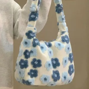Sohiwoo Autumn Winter Flower Lamb Wool Plush Bag Student Large Capacity Tote Bag Shoulder Bag Women Bag Crossbody Bags for Women