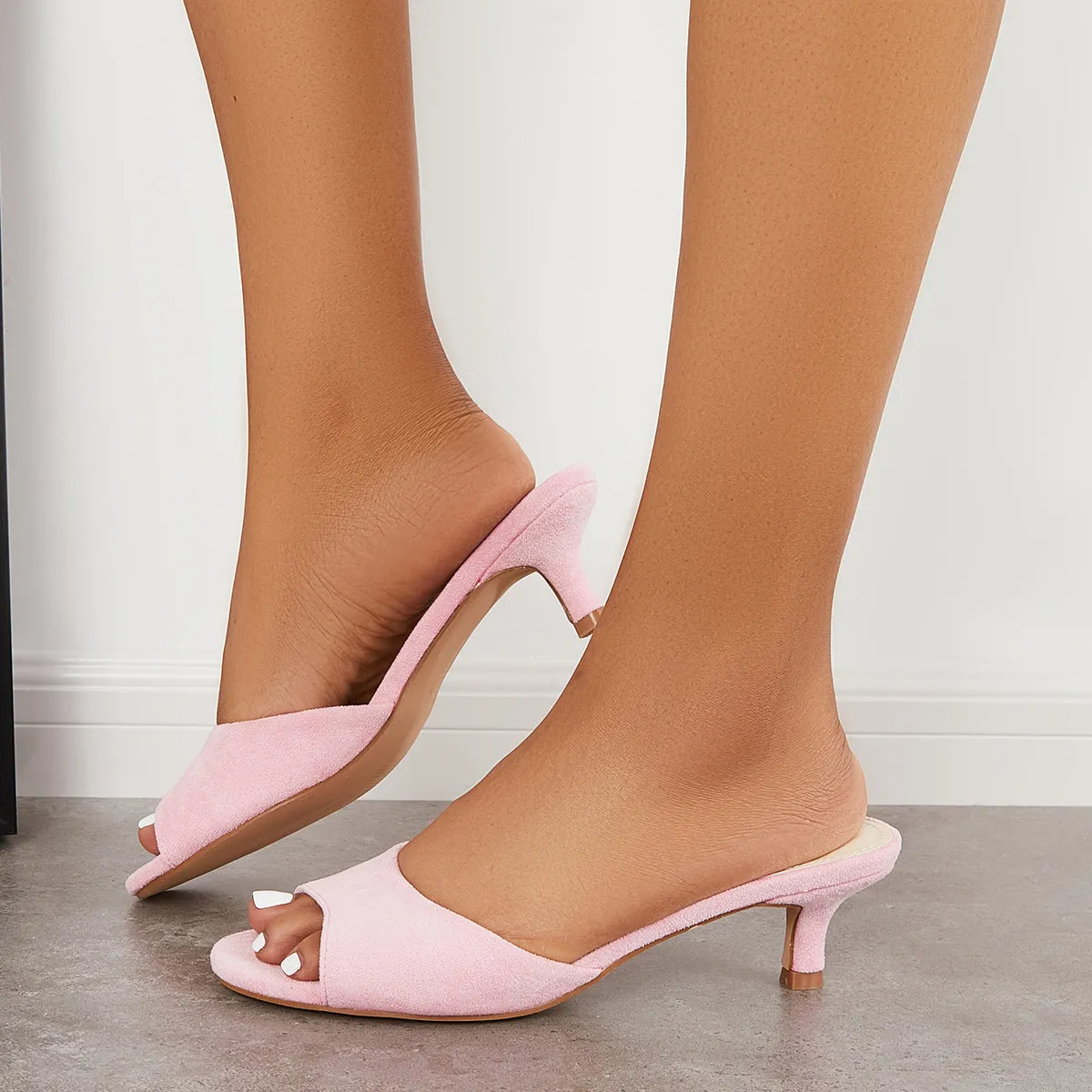 Sohiwoo Peep Toe Low Kitten Heel Mules Slip on Dress Sandals